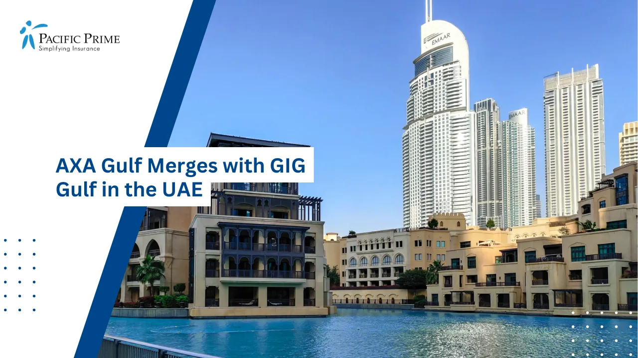 Image of Dubai Waterfront With High-rise Buildings And Clear Blue Sky with text overlay of "AXA Gulf Merges with GIG Gulf in the UAE"
