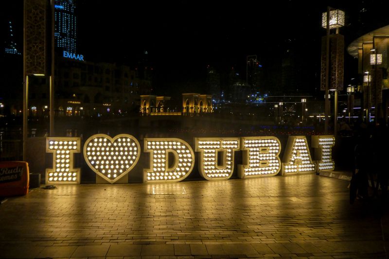 Dubai's Nighttime 'I Love Dubai' Sign, Burj Khalifa Lake