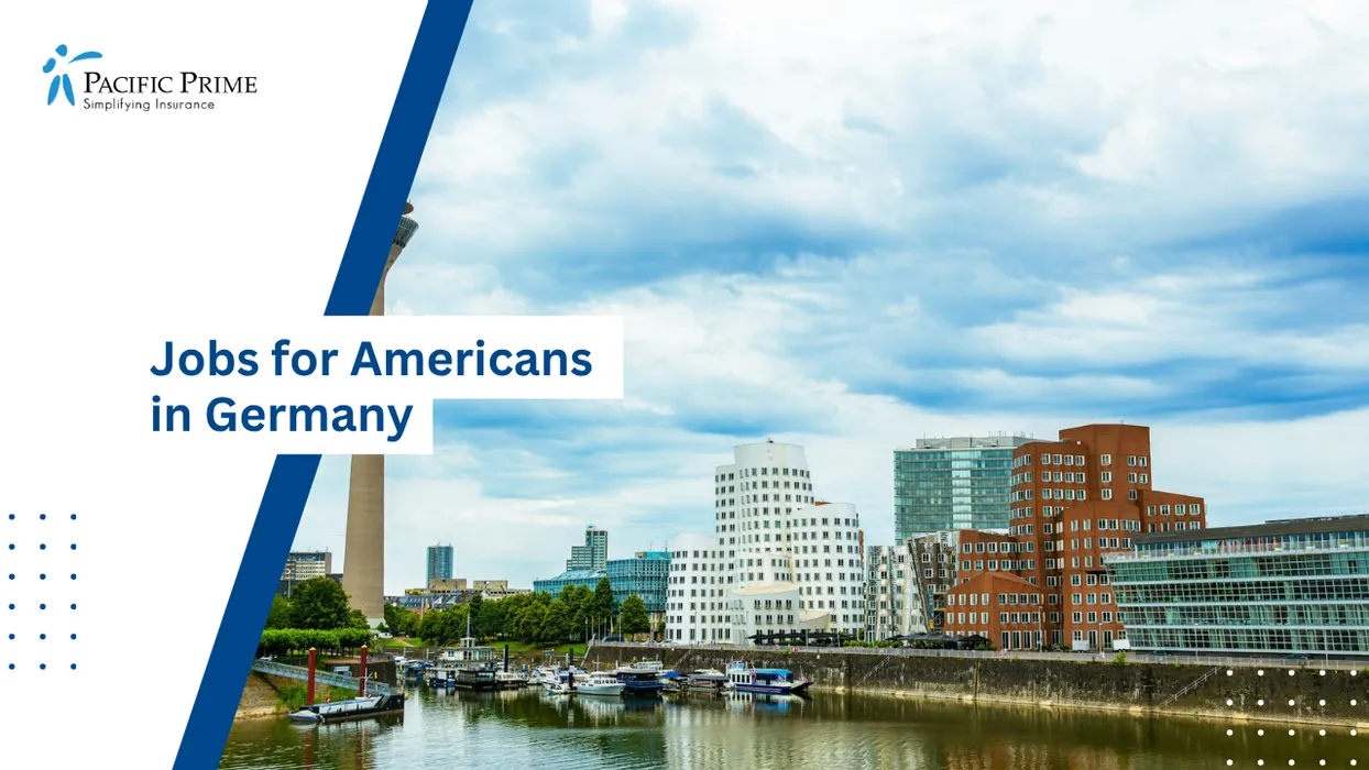 Image of D&uuml;sseldorf Medienhafen Skyline With Riverside Views And Iconic TV Tower with text overlay of "Jobs for Americans in Germany"