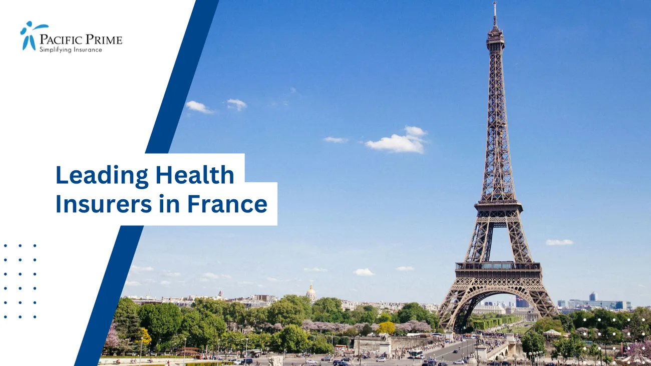 Image of Eiffel Tower In Paris, France, With A Clear Blue Sky In The Background with text overlay of "Leading Health Insurers in France"