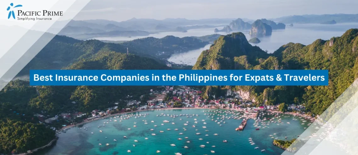 Image of El Nido Coastline With White-sand Beaches And Clear Waters In Palawan with text overlay of "Best Insurance Companies in the Philippines for Expats & Travelers"