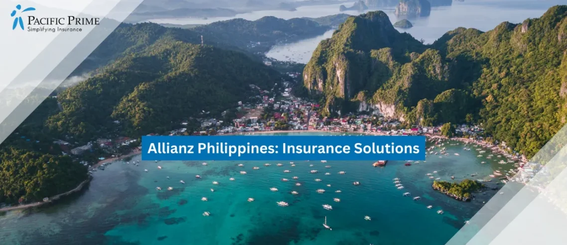 Image of El Nido Limestone Cliffs And Turquoise Lagoons On Palawan Coast with text overlay of "Allianz Philippines: Insurance Solutions"