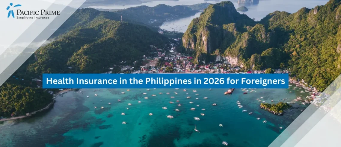Image of El Nido, Palawan White-sand Beaches And Coral Reefs In The Philippines with text overlay of "Health Insurance in the Philippines in 2026 for Foreigners"