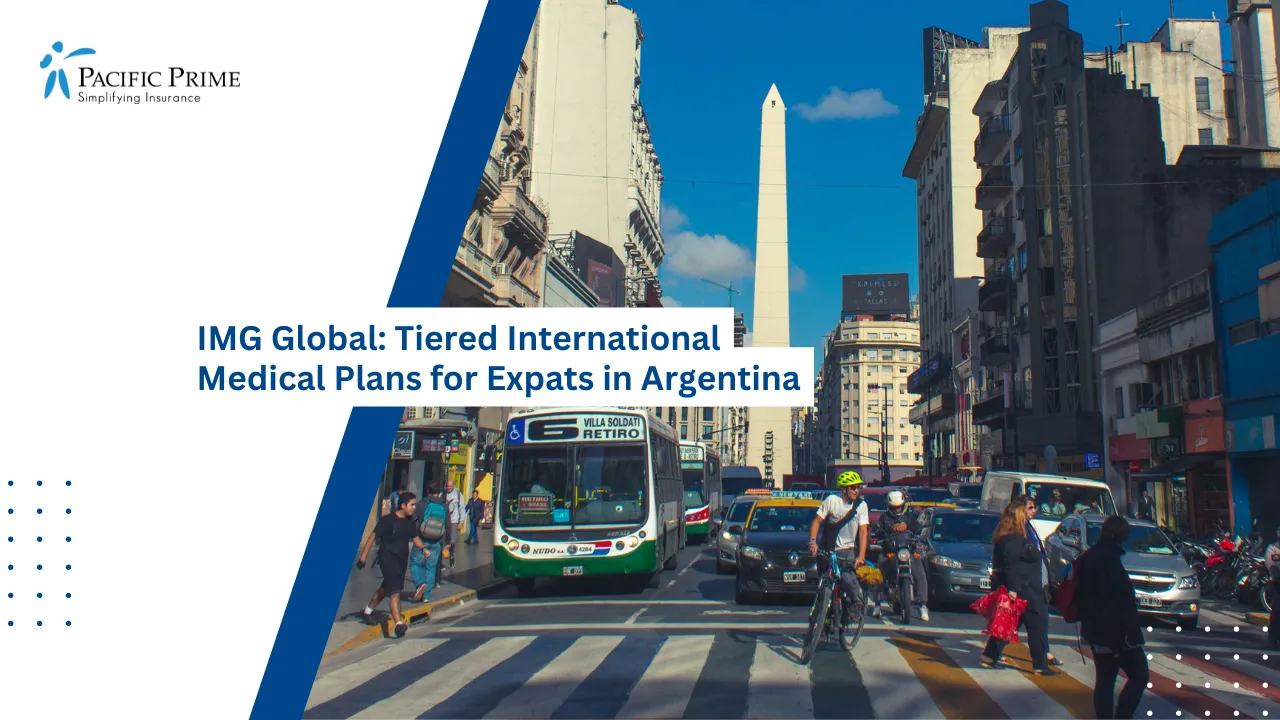 Image of El Obelisco With City Traffic Along Avenida 9 De Julio In Buenos Aires with text overlay of "IMG Global: Tiered International Medical Plans for Expats in Argentina"