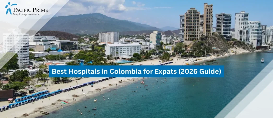 Image of El Rodadero Beach On The Coast Of Santa Marta, Colombia with text overlay of "Best Hospitals in Colombia for Expats (2026 Guide)"