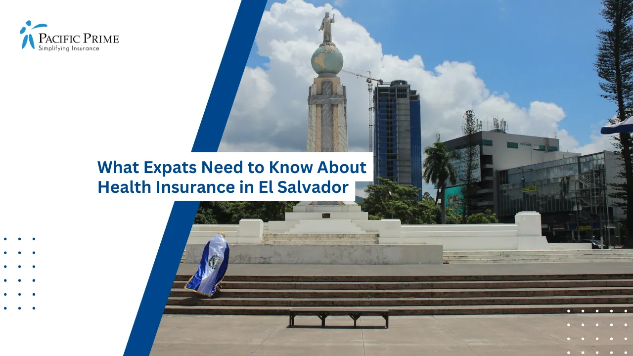 Image of El Salvador Del Mundo Monument In San Salvador with text overlay of "What Expats Need to Know About Health Insurance in El Salvador"