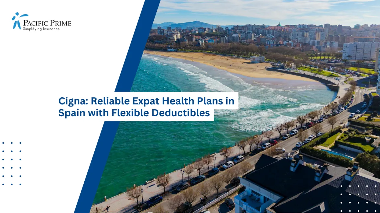 Image of El Sardinero Beach Curving Beside Santander&rsquo;s Coastal Cityscape with text overlay of "Cigna: Reliable Expat Health Plans in Spain with Flexible Deductibles"