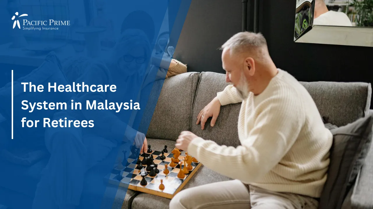 Image of Elderly Couple Playing Chess Together On A Couch with text overlay of "The Healthcare System in Malaysia for Retirees"