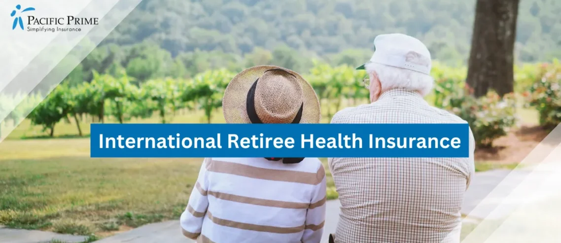 Image of Elderly Couple Seated On Pathway Enjoying Wedding View with text overlay of "International Retiree Health Insurance"