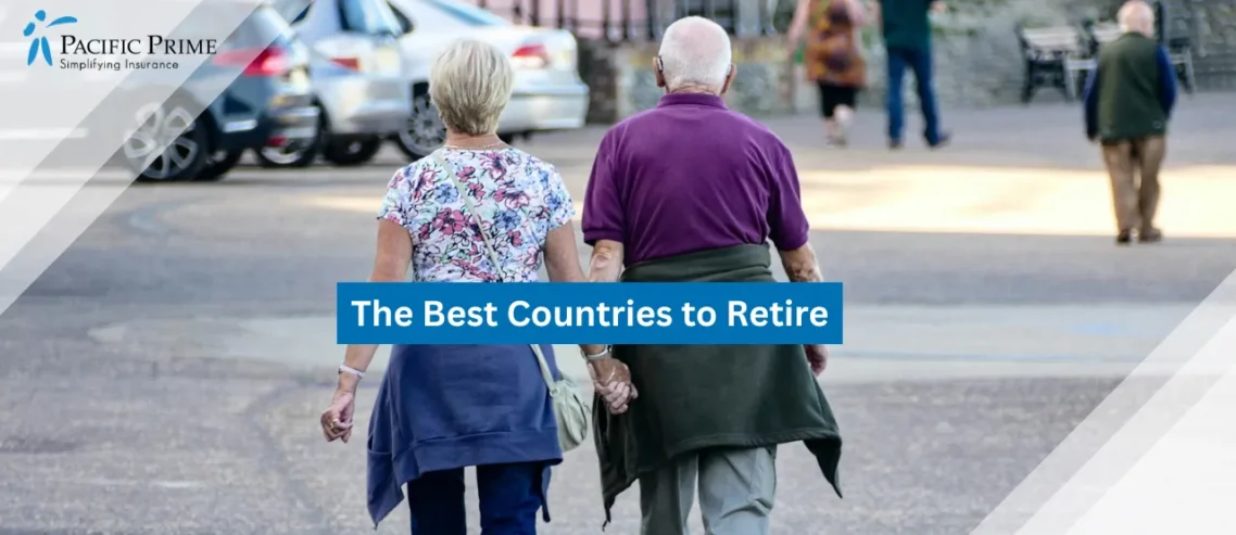 Image of Elderly Couple Walking Along City Street In Daylight with text overlay of "The Best Countries to Retire"