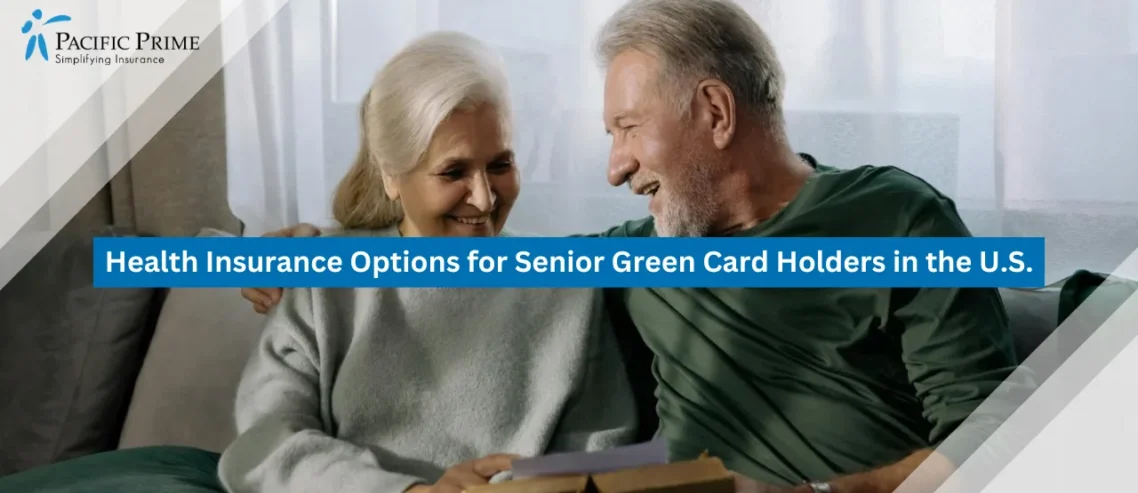 Image of Elderly Couple With Gray Hair Reading A Book Together Indoors with text overlay of "Health Insurance Options for Senior Green Card Holders in the U.S."