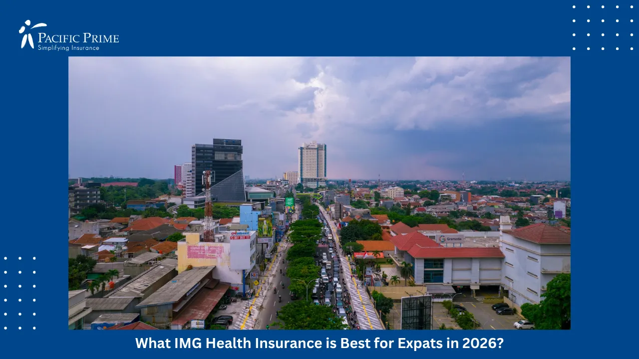 Image of Elevated Cityscape Along Margonda Raya In Depok, West Java with text overlay of "What IMG Health Insurance is Best for Expats in 2026?"
