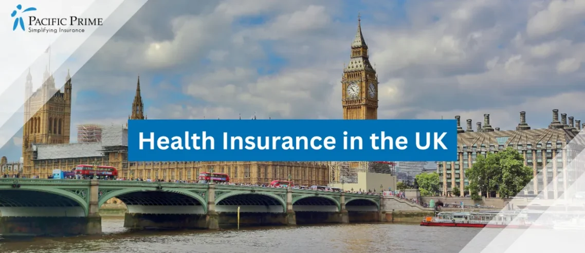 Image of Elizabeth Tower And Big Ben In London, United Kingdom, Captured During Daytime with text overlay of "Health Insurance in the UK"
