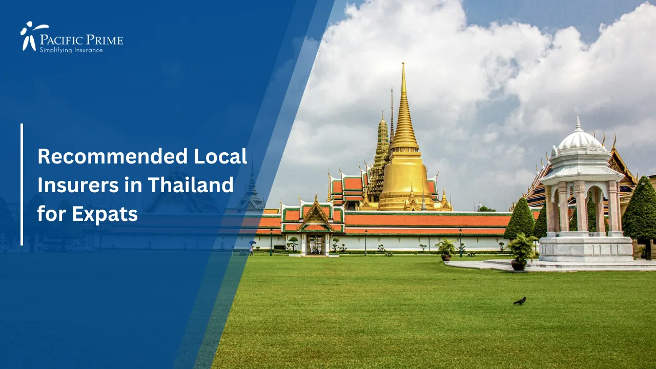 Image of Emerald Temple In Bangkok, Thailand with text overlay of "Recommended Local Insurers in Thailand for Expats"