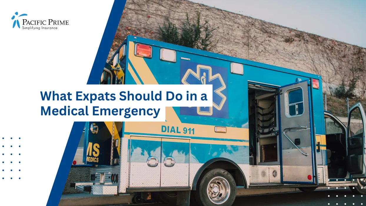 Image of Emergency Ambulance With Open Rear Doors Parked Roadside Ready For Rapid Response with text overlay of "What Expats Should Do in a Medical Emergency"