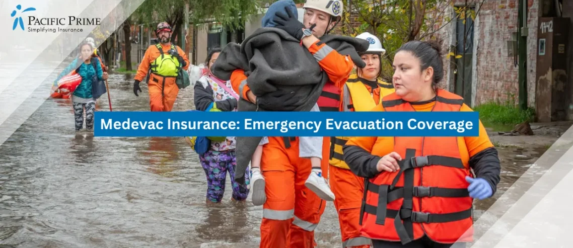 Image of Emergency Responders Aiding Flood Survivors Amid Rising Waters In Rescue Operation with text overlay of "Medevac Insurance: Emergency Evacuation Coverage"