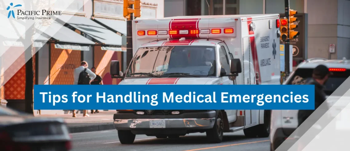Image of Emergency Vehicle Navigating Through A Crowded Urban Street with text overlay of "Tips for Handling Medical Emergencies"