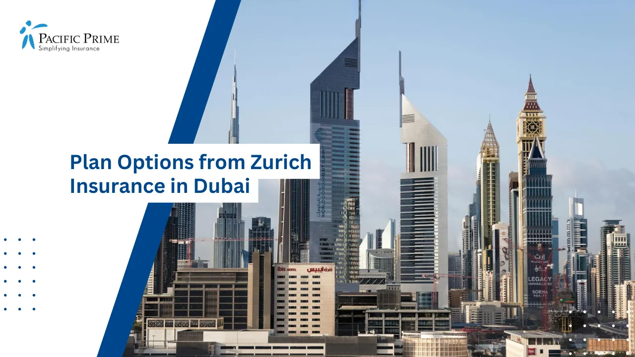 Image of Emirates Towers And Surrounding Skyscrapers In Dubai Cityscape with text overlay of "Plan Options from Zurich Insurance in Dubai"