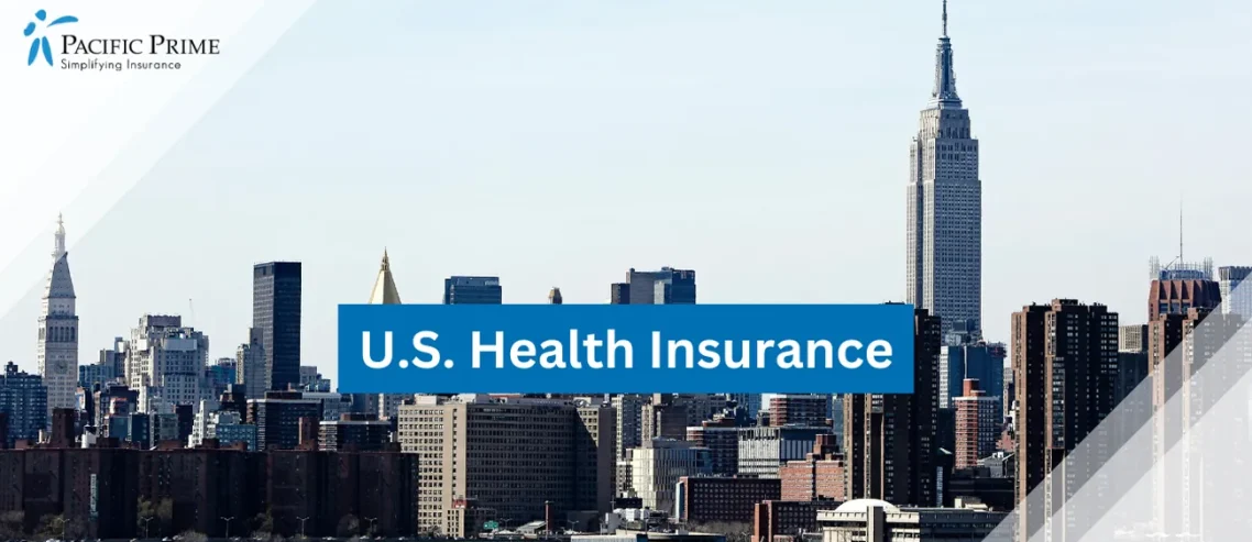 Image of Empire State Building In New York City Skyline with text overlay of "U.S. Health Insurance"