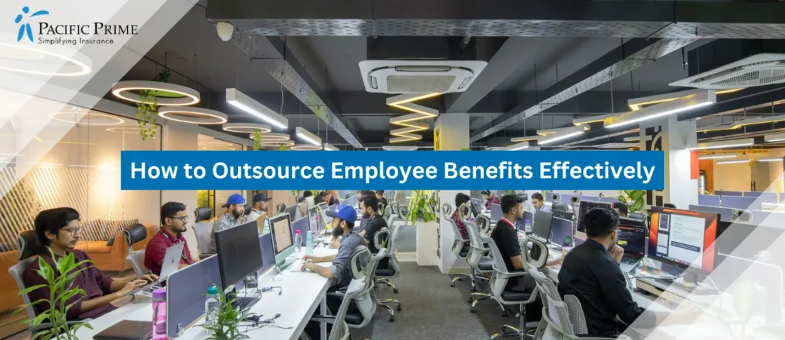 Image of Employees Working Together At Desks In A Modern Office Setting with text overlay of "How to Outsource Employee Benefits Effectively"