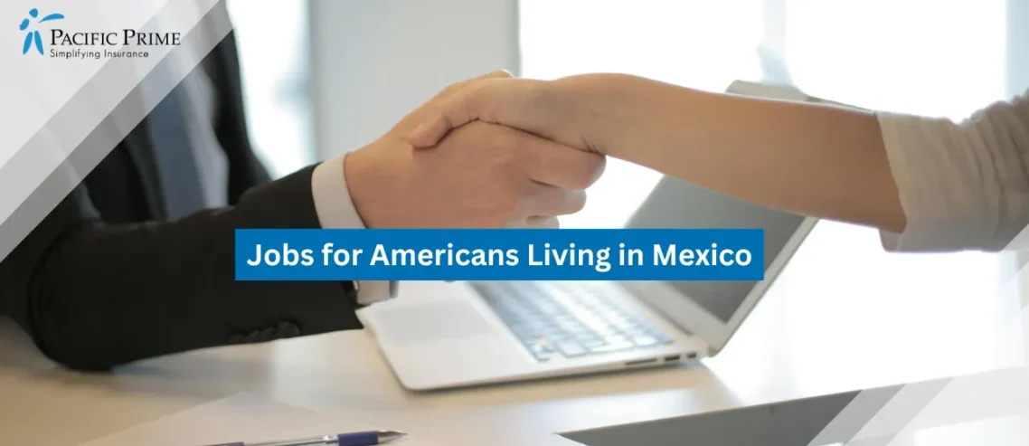 Image of Employer In Black Suit Shaking Hands With New Hire with text overlay of "Jobs for Americans Living in Mexico"