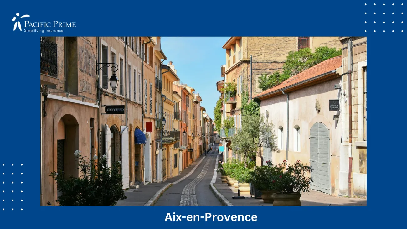 Image of Empty Road Flanked By Concrete Buildings In Aix-en-provence, France with text overlay of "Aix-en-Provence"