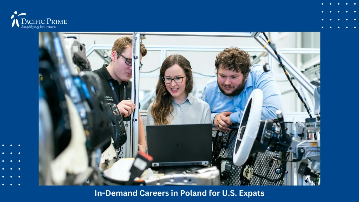 Image of Engineers Collaborating Over Technical Plans Inside An Industrial Workshop Setting with text overlay of "In-Demand Careers in Poland for U.S. Expats"