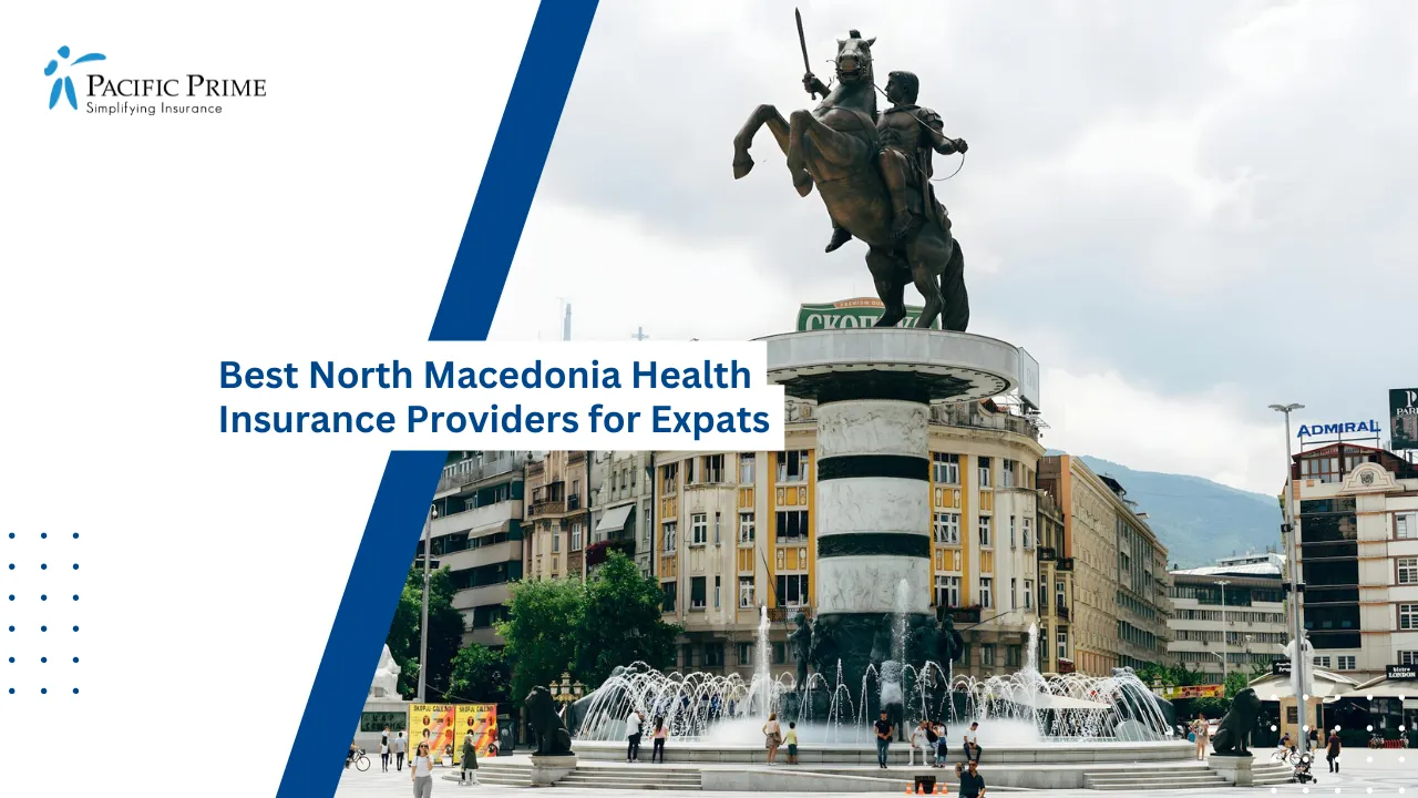 Image of Equestrian Statue In The Main Square Of Skopje, North Macedonia with text overlay of "Best North Macedonia Health Insurance Providers for Expats"