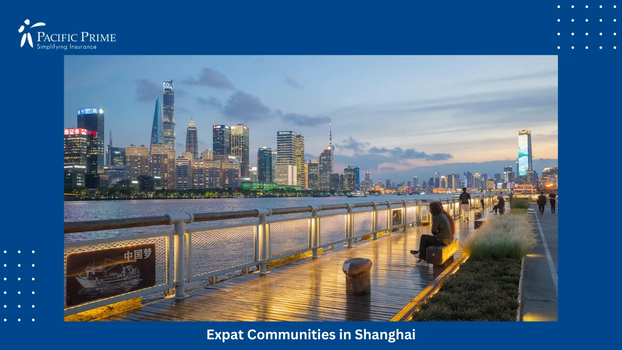 Image of Evening Lights Glow Across Shanghai’s Riverside Skyline And Promenade with text overlay of "Expat Communities in Shanghai"