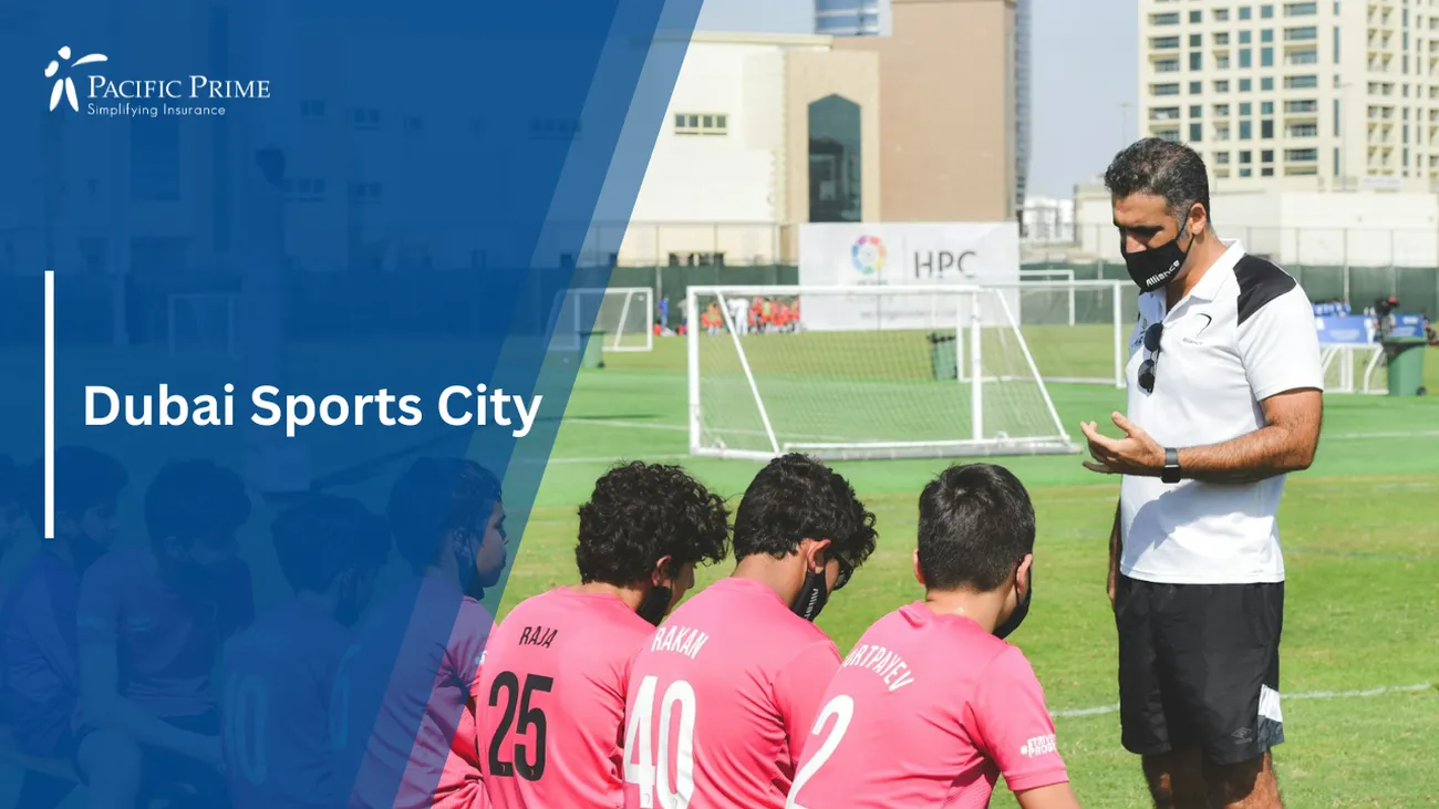 Image of Exhausted Soccer Players In Red And White Jerseys At Dubai Sports City with text overlay of "Dubai Sports City"