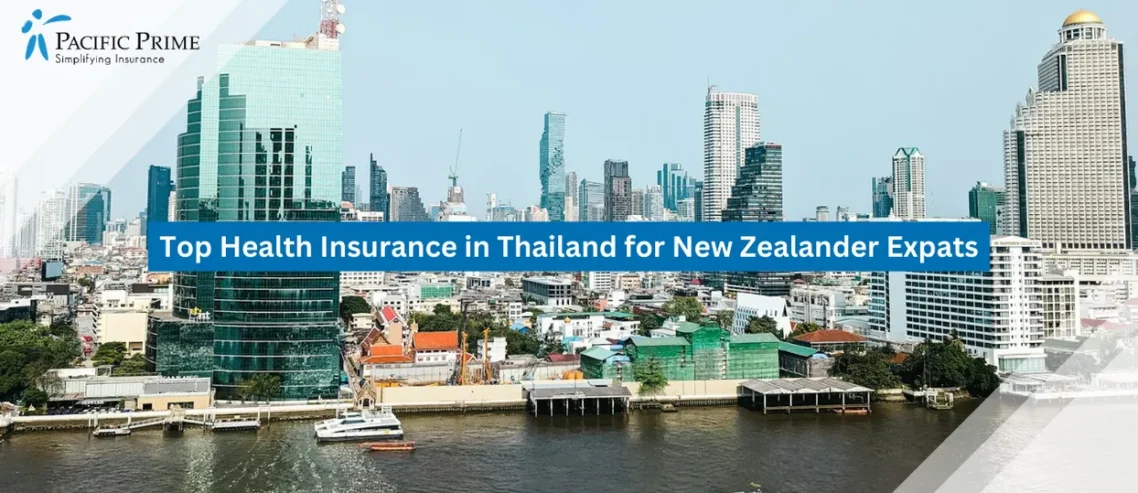 Image of Expansive Waterway Foreground With Bangkok High-rises Lining The Horizon with text overlay of "Top Health Insurance in Thailand for New Zealander Expats"