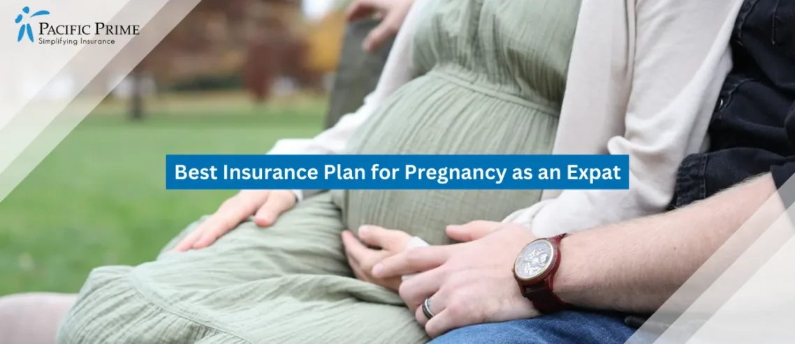 Image of Expectant Couple Resting Together On A Park Bench During A Quiet Outdoor Moment with text overlay of "Best Insurance Plan for Pregnancy as an Expat"