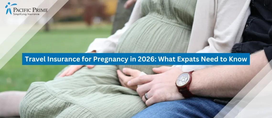 Image of Expectant Couple Resting Together On A Park Bench Outdoors with text overlay of "Travel Insurance for Pregnancy in 2026: What Expats Need to Know"