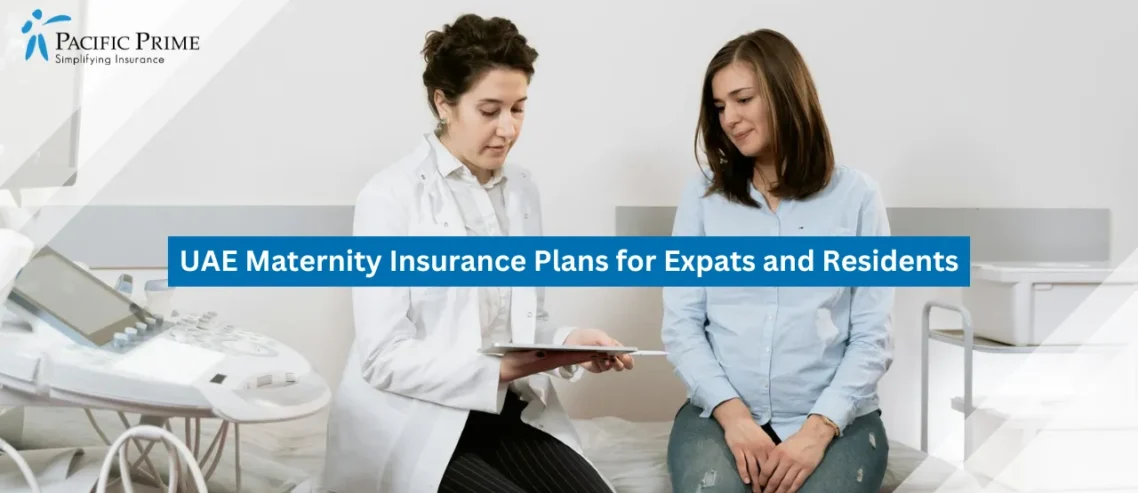 Image of Expectant Mother Speaking With A Doctor During A Prenatal Consultation with text overlay of "UAE Maternity Insurance Plans for Expats and Residents"