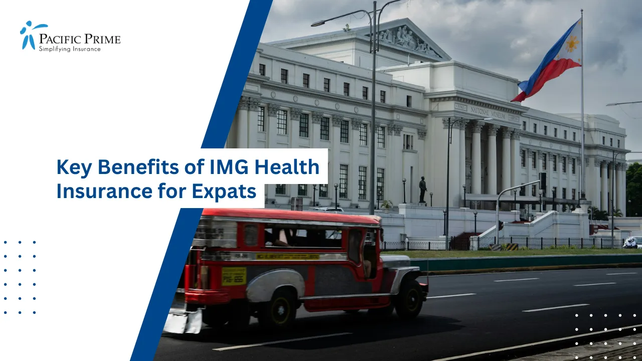 Image of Exterior View Of The National Museum Of Fine Arts In Manila with text overlay of "Key Benefits of IMG Health Insurance for Expats"