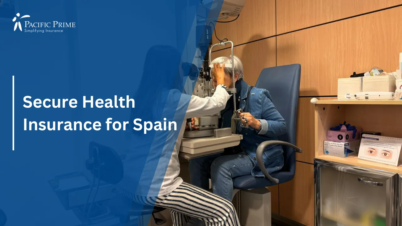 Image of Eye Exam In Progress With Optometrist Using Slit Lamp In Madrid Clinic with text overlay of "Secure Health Insurance for Spain"