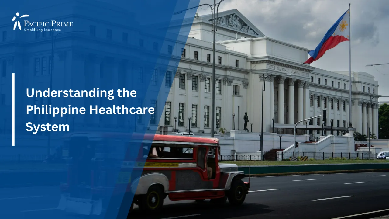 Image of Facade Of The National Museum Of Fine Arts In Manila, Philippines with text overlay of "Understanding the Philippine Healthcare System"