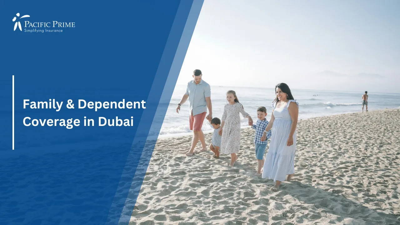 Image of Family Enjoying A Walk Together Along A Sandy Beach with text overlay of "Family & Dependent Coverage in Dubai"