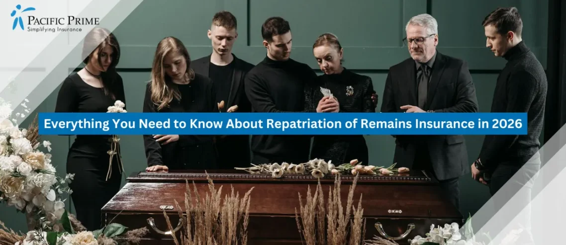 Image of Family Gathered With A Pastor During A Memorial Service Indoors with text overlay of "Everything You Need to Know About Repatriation of Remains Insurance in 2026"
