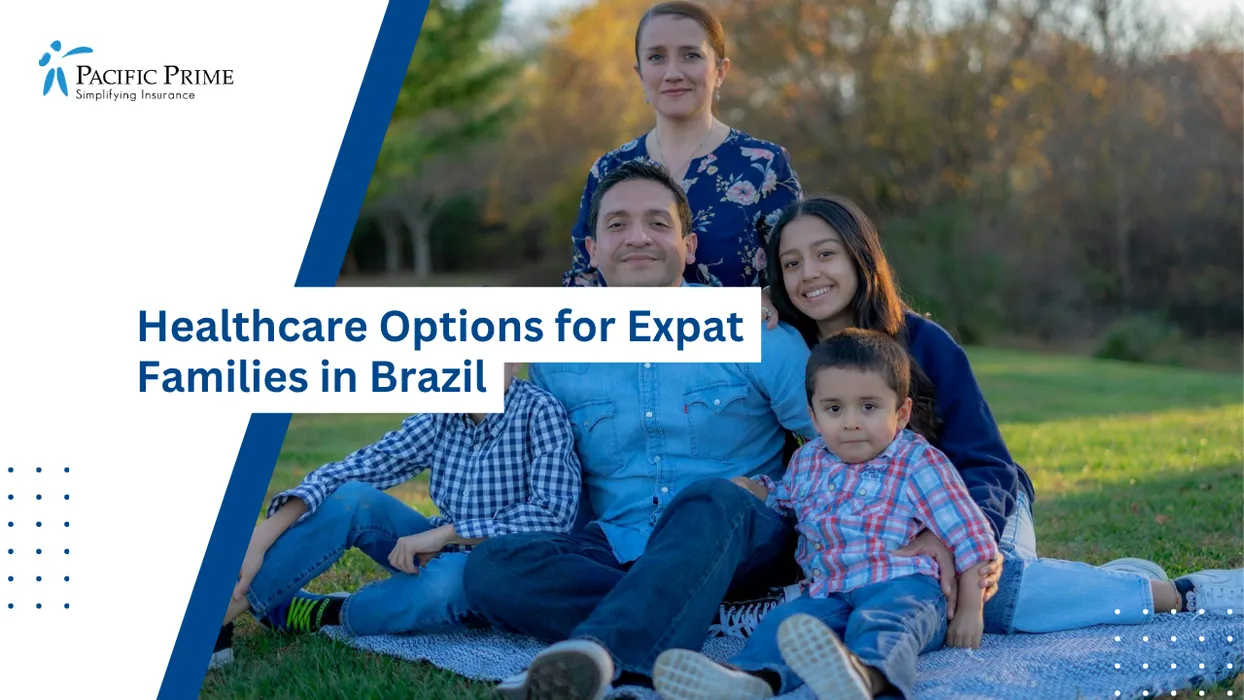 Image of Family Relaxing On Picnic Blanket In Grassy Park Under Open Sky with text overlay of "Healthcare Options for Expat Families in Brazil"