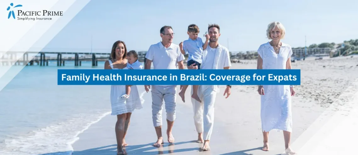 Image of Family Strolling Along Sandy Shoreline In Warm Summer Light with text overlay of "Family Health Insurance in Brazil: Coverage for Expats"