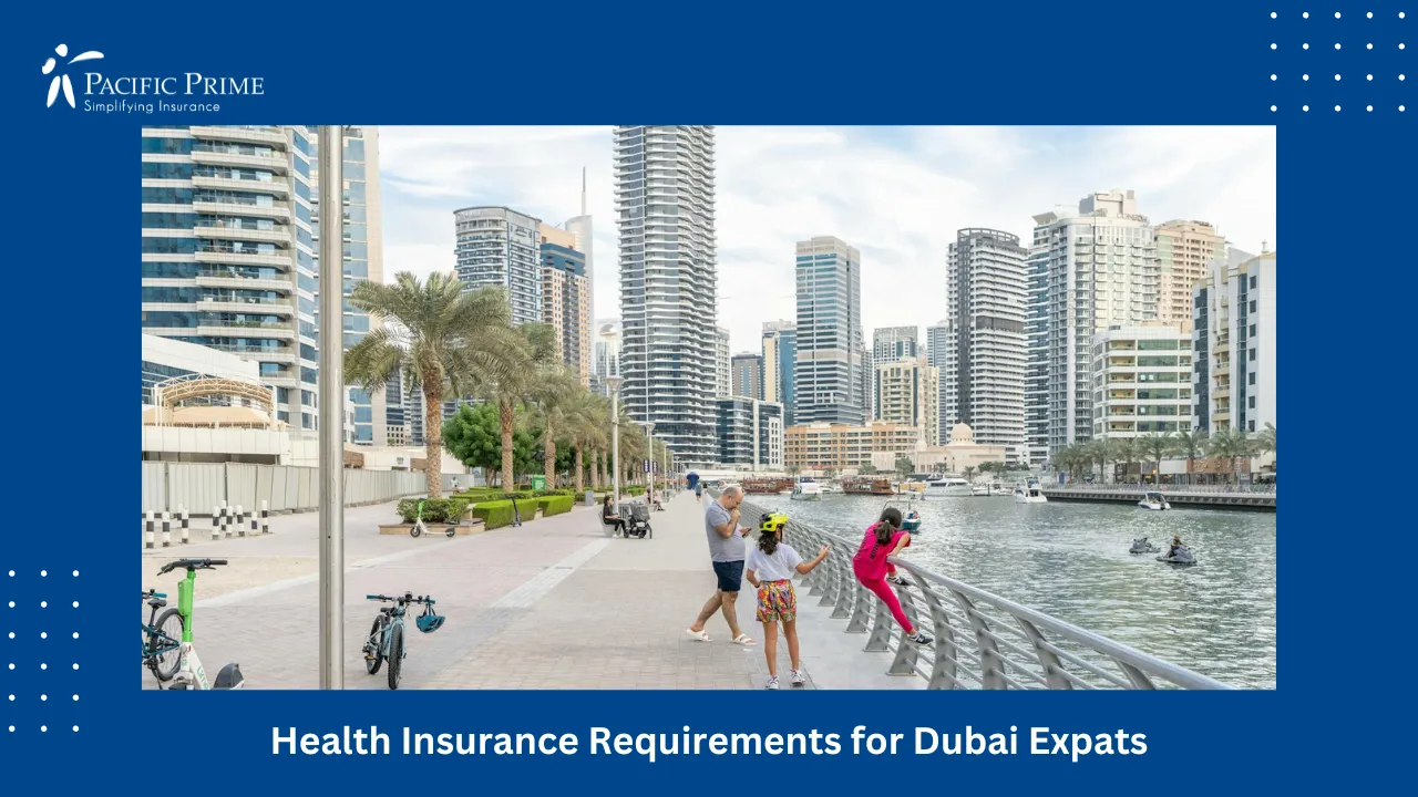 Image of Father Walking With Daughters Along A Waterfront Promenade In Dubai with text overlay of "Health Insurance Requirements for Dubai Expats"
