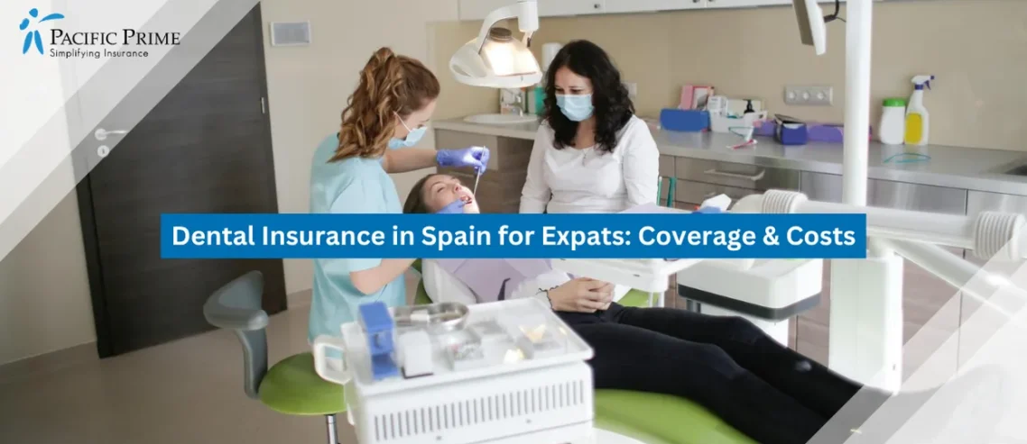 Image of Female Dentist Examining Patient’s Teeth In A Contemporary Dental Clinic with text overlay of "Dental Insurance in Spain for Expats: Coverage & Costs"