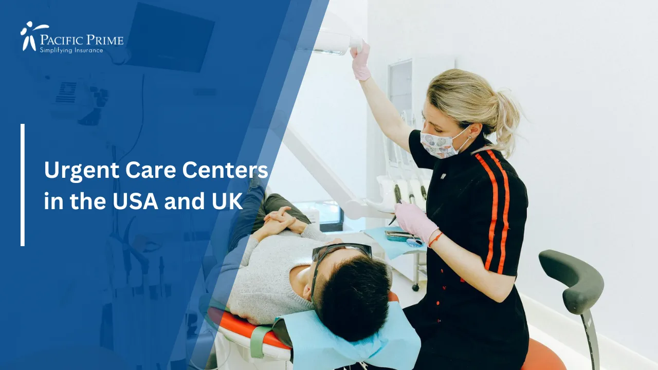 Image of Female Dentist Inspecting Patient's Teeth In A Modern Dental Clinic with text overlay of "Urgent Care Centers in the USA and UK"