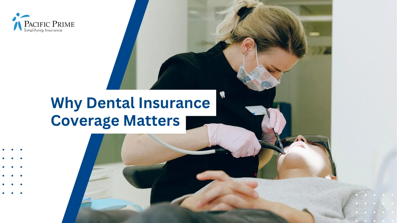 Image of Female Dentist Treating Patient In Modern Clinic with text overlay of "Why Dental Insurance Coverage Matters"