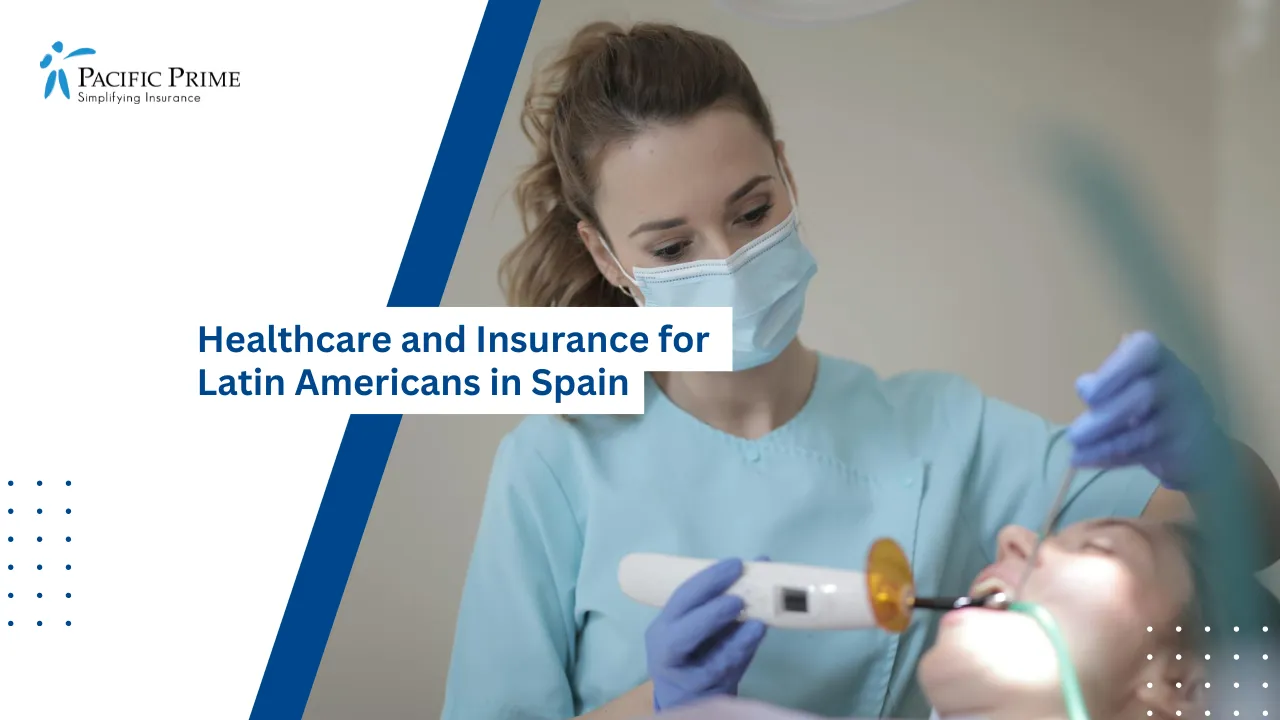 Image of Female Dentist Using Tools While Treating Patient In Dental Clinic with text overlay of "Healthcare and Insurance for Latin Americans in Spain"