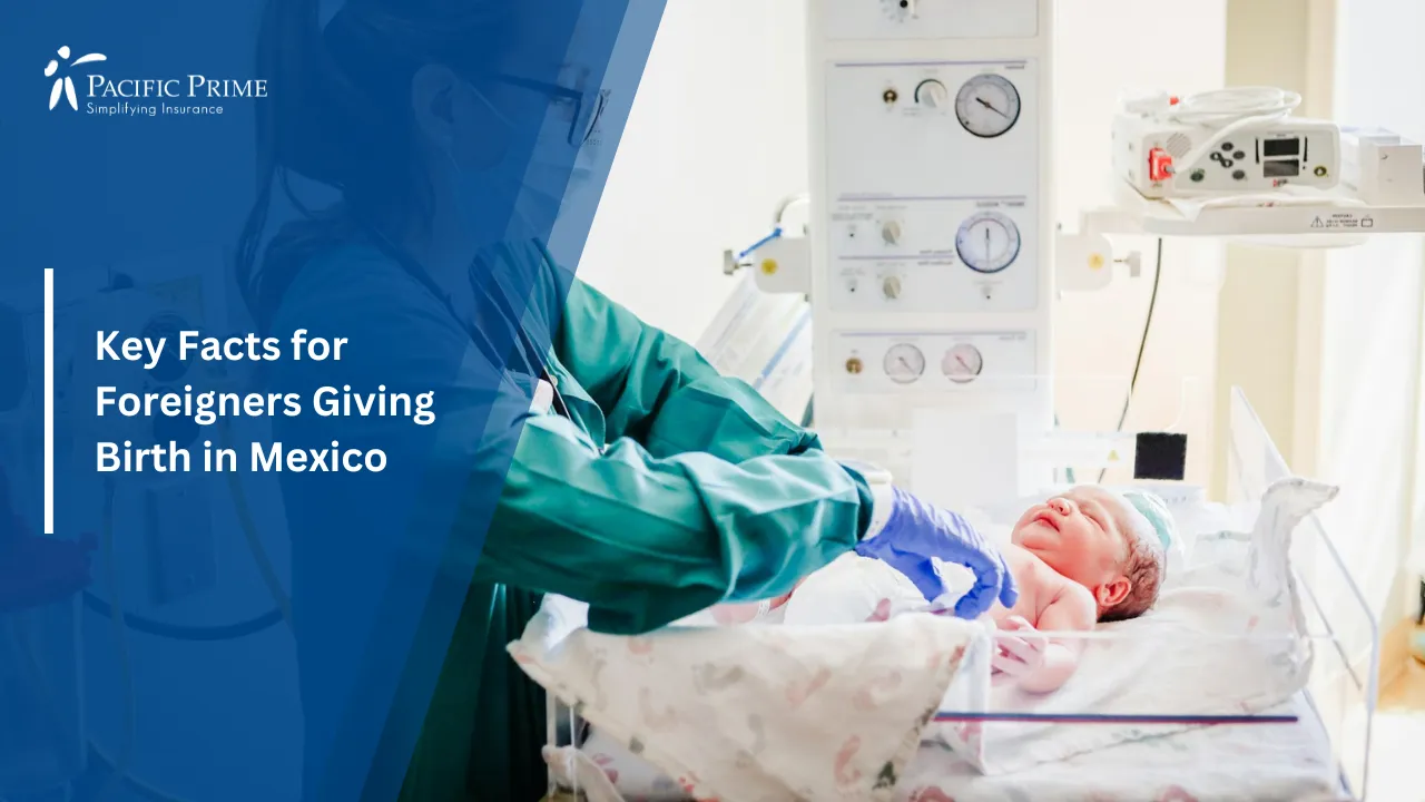 Image of Female Doctor Holding A Newborn Baby In A Hospital Delivery Room with text overlay of "Key Facts for Foreigners Giving Birth in Mexico"