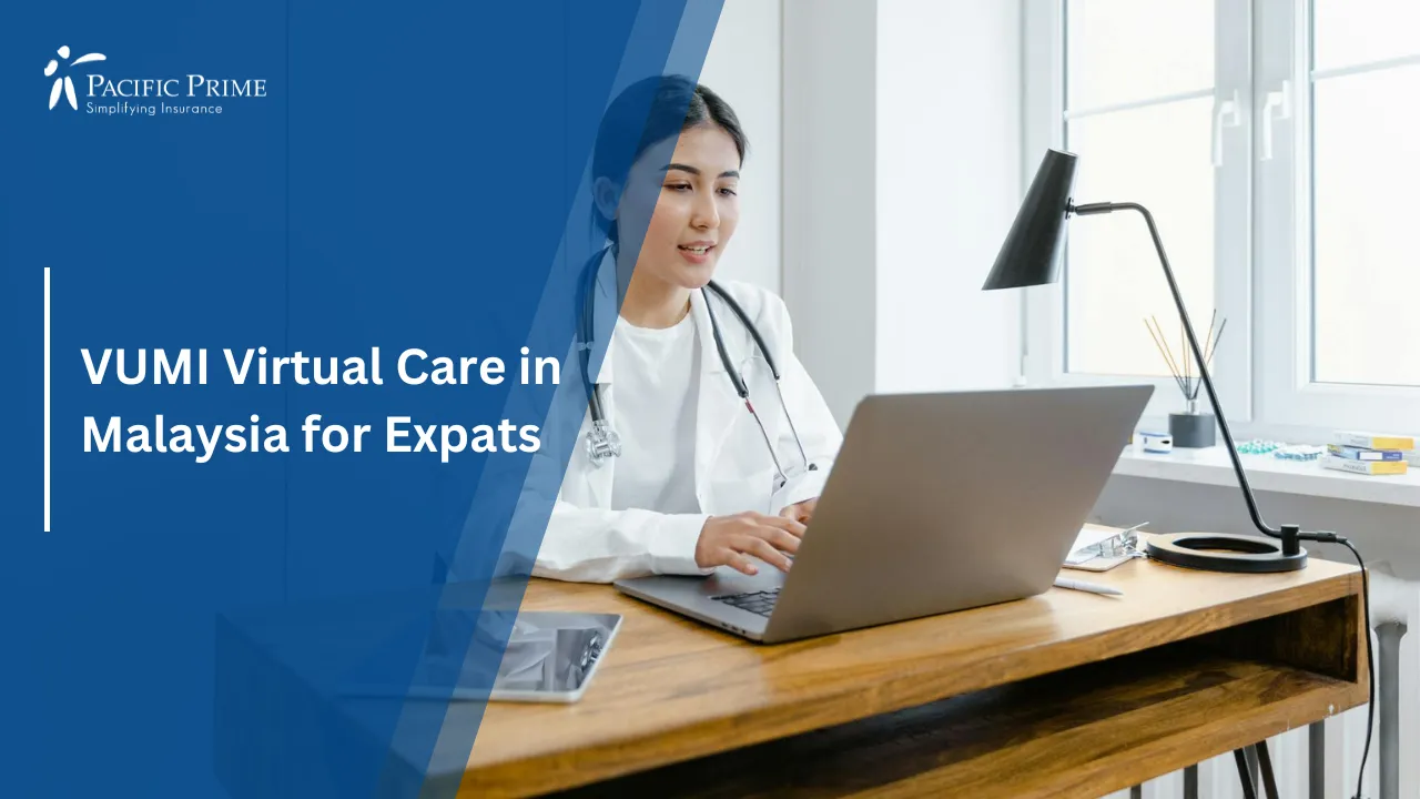 Image of Female Doctor Using Laptop For Virtual Consultation In Office with text overlay of "VUMI Virtual Care in Malaysia for Expats"