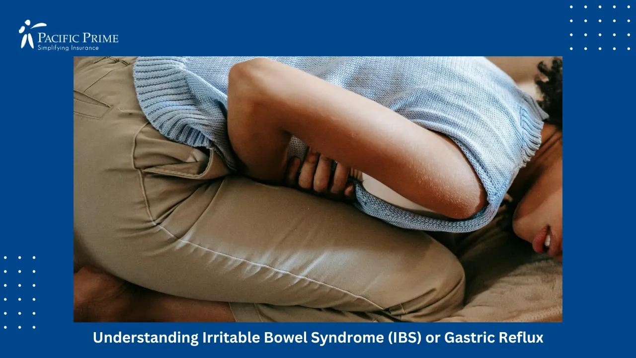 Image of Female Holding Abdomen In Pain with text overlay of "Understanding Irritable Bowel Syndrome (IBS) or Gastric Reflux"