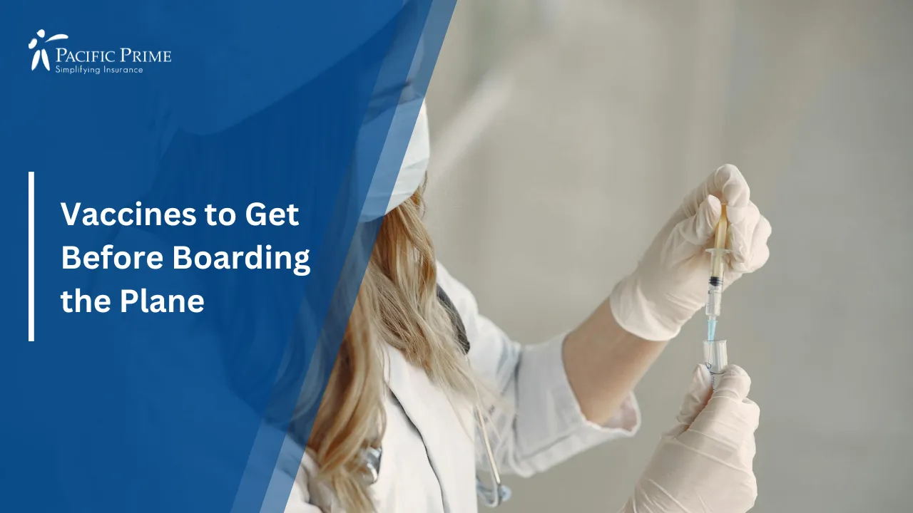 Image of Female Scientist In Lab Gear Preparing A Vaccine Injection with text overlay of "Vaccines to Get Before Boarding the Plane"
